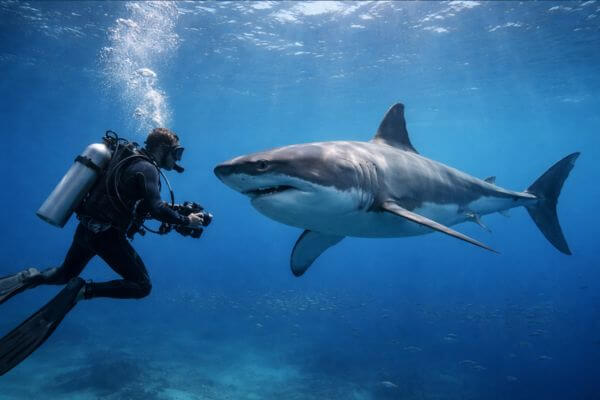 Diver with great white shark
